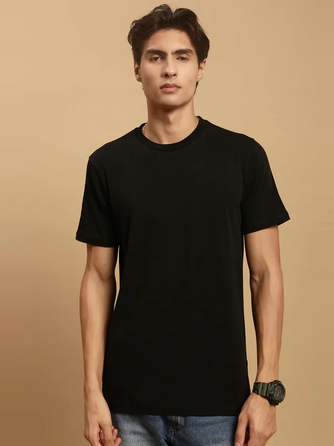 ECOLORE Men Black Crew Neck Slim Fit T-Shirt