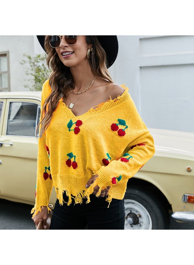 NIBEMINENT Hole Tassel Knitted Sweater for Women Autumn Ripped V-Neck Loose Sweater Pullovers Ladies  off Shoulder Tassel Sweater Tops - Image 1