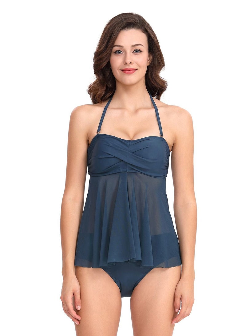 Loquat Navy blue solid color swimsuit split type halterneck swimsuit lady bikini - Image 1