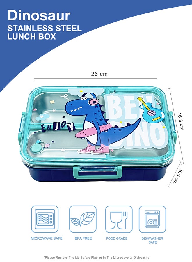 ايست من نون Stainless Steel Bento Lunch Box, 3 Compartments, Leak Resistance, Durable, BPA Free, Eco Friendly, Dishwasher Safe, Ideal For School - Blue Dinosaur Pattern  - Image 2