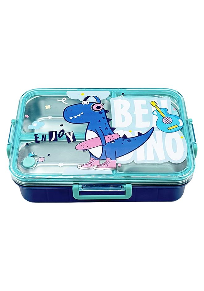 ايست من نون صندوق غداء بنتو من الفولاذ المقاوم للصدأ، 3 أقسام، مقاوم للتسرب، متين، خالي من BPA، صديق للبيئة، آمن في غسالة الصحون، مثالي للمدرسة - تصميم ديناصور أزرق - Image 1