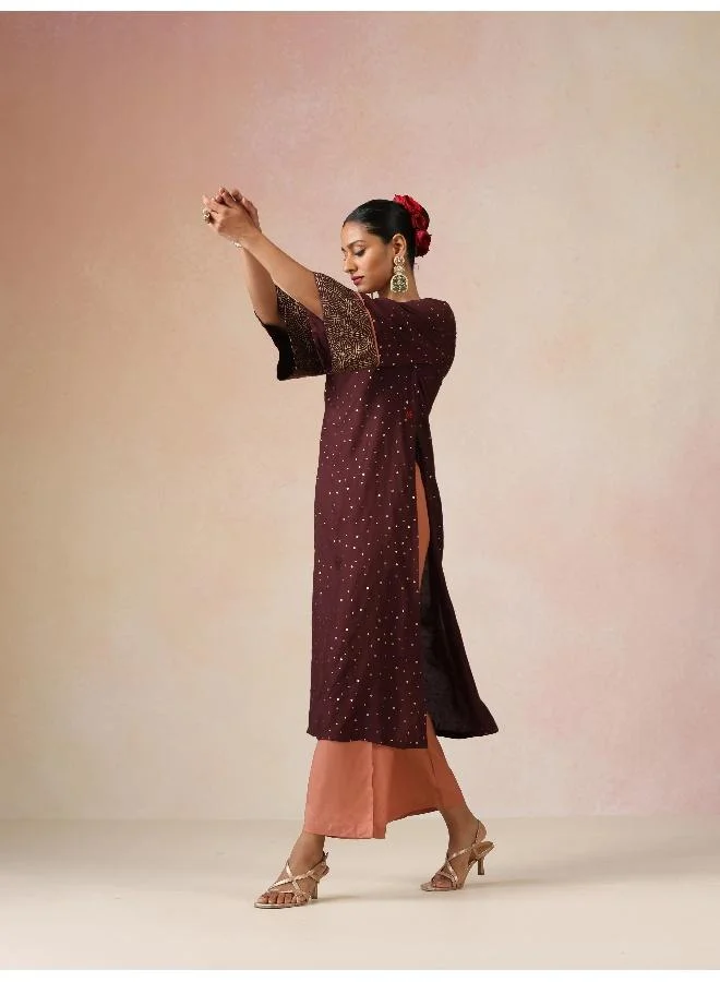trueBrowns trueBrowns Cola Gold Foil Print Muslin Silk Straight High-Slit Kurta Set