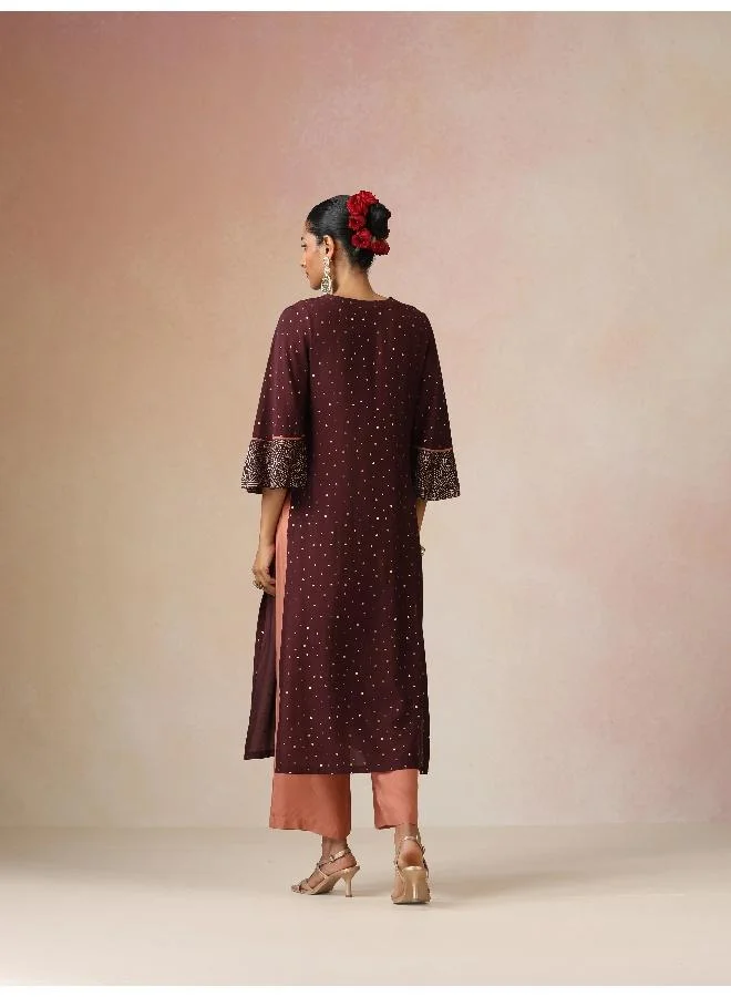 trueBrowns trueBrowns Cola Gold Foil Print Muslin Silk Straight High-Slit Kurta Set