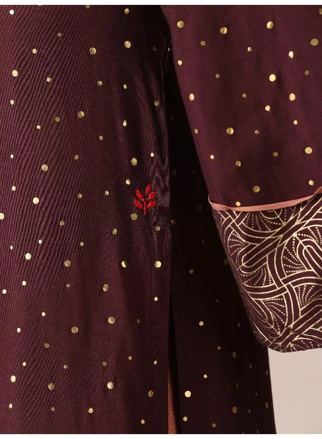 trueBrowns trueBrowns Cola Gold Foil Print Muslin Silk Straight High-Slit Kurta Set