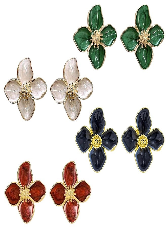 XFSAFDM 4Pairs Drip Oil Four Petal Flower Earrings Vintage Boho Floral Stud Earrings for Women Party Jewelry Gift - Image 1