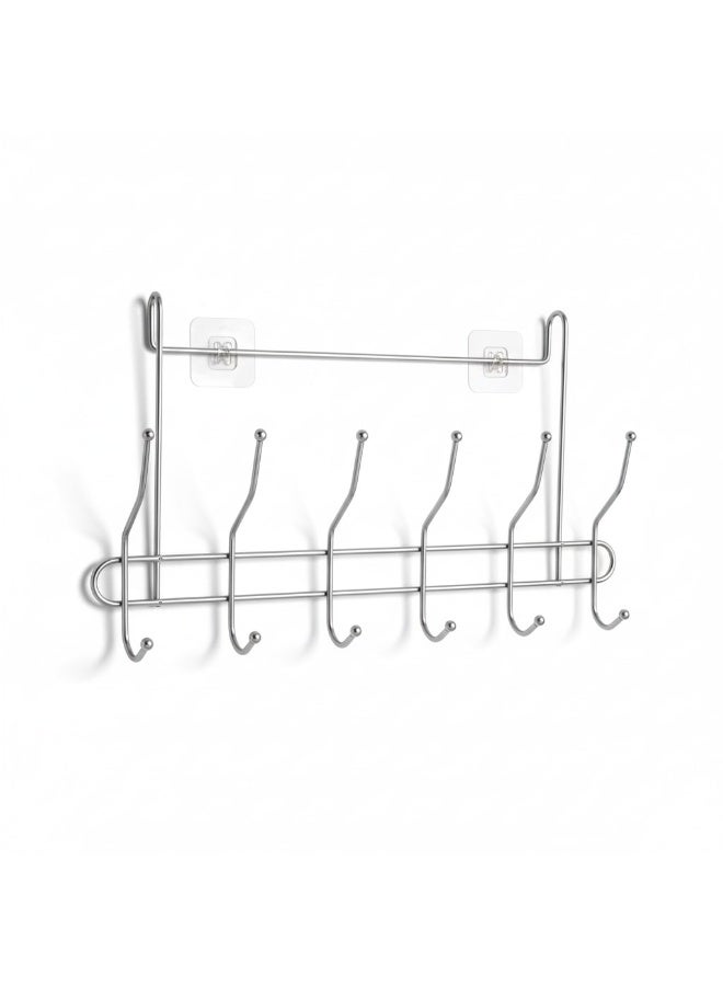 Stainless Steel Wall-Mounted Clothes Rack with 6 Double Hooks - Modern Space-Saving Design - Includes 2 Strong Adhesive Pads for No-Drill Installation - Ideal for Bathroom, Kitchen & Bedroom - Image 1
