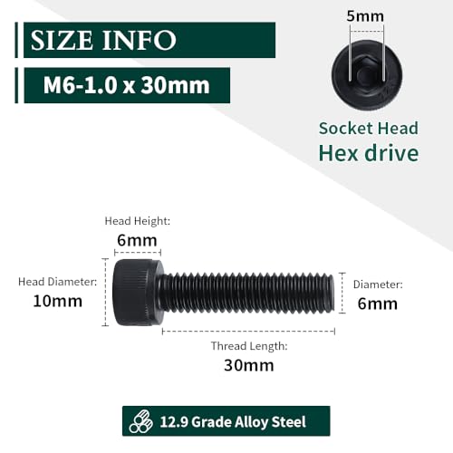 EASTLO M6-1.0 x 30mm Socket Head Cap Screws, 12.9 Grade Alloy Steel, Black Oxide Finish, Full Thread, Coarse Thread, Allen Hex Drive, 25 pcs - Image 3