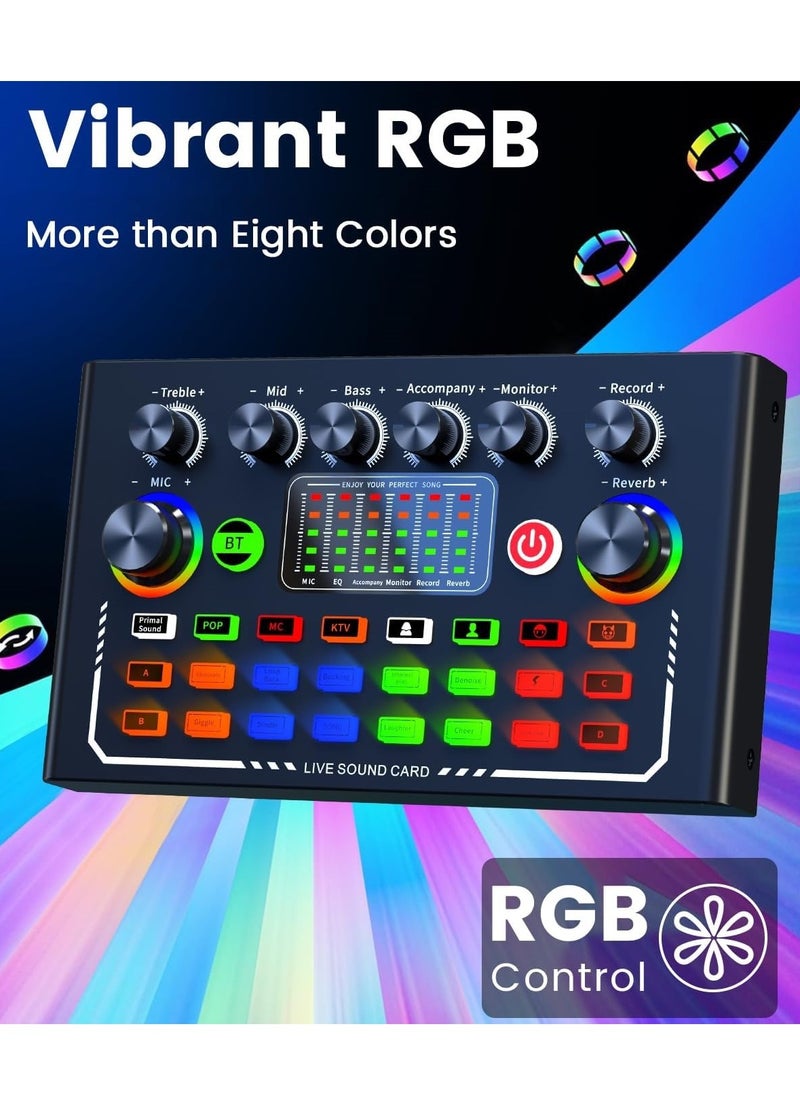 BORTONY Sound Card F009 Live Sound Card Wireless Bluetooth Audio Mixer Podcast DJ Device with RGB Colorful Buttons Live Streaming Sound Card for Youtube Singing PC Phone Karaoke Singing Gaming  - Image 2