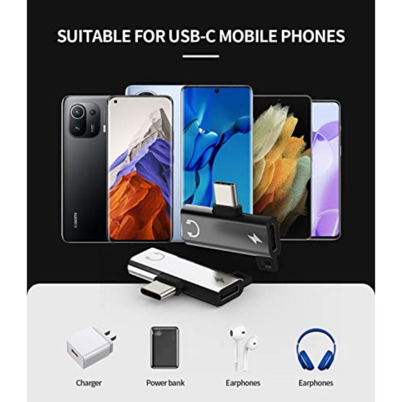 محول سماعة رأس USB-C مزدوج لهاتف Samsung Galaxy S20/S21/S22 FE وiPad Pro/Air 4 وLG وGoogle Pixel من سبائك الألومنيوم، أسود، يدعم تشغيل الصوت بالشحن المتزامن - Image 2