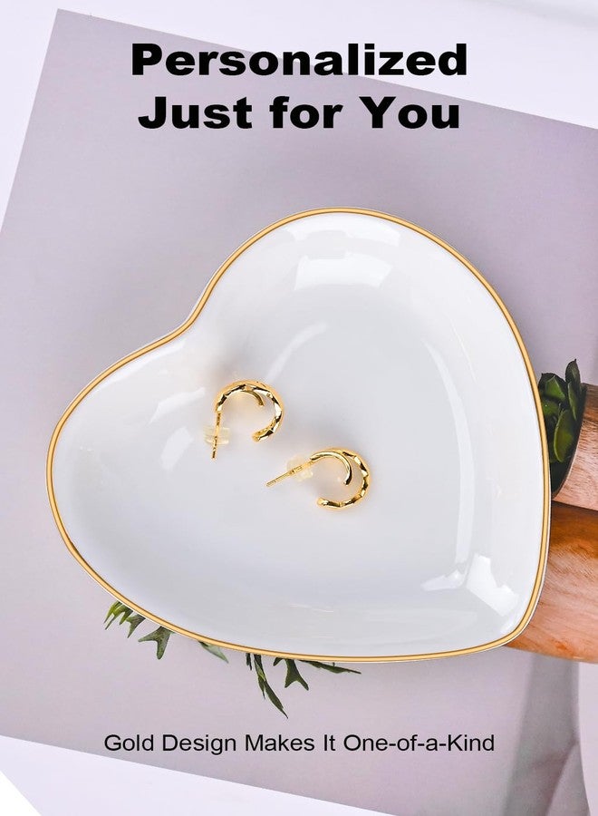QUELIEN Trinket Dish Heart Shaped Ceramic Dish - Elegant White Jewelry Dish for Rings and Earrings, Heart Ring Tray with Gold Rim - Friendship Gift for Women, Perfect for Vanity, Sink, Nightstand Use - Image 3