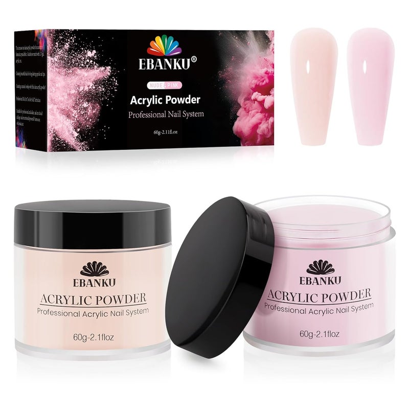 EBANKU Nude Pink Acrylic Powder, 2 * 60g/2.1oz Acrylic Powder Large Capacity Professional Acrylic Nail Powder for Nail Acrylic Extension, Nail Carving, Long-Lasting, No Nail Lamp Needed