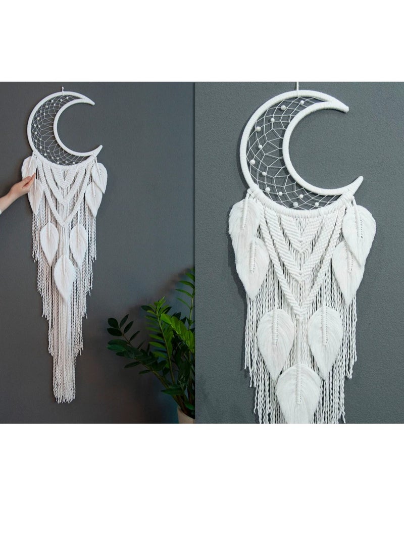 انتيكيانو ديكور حائط كبير لصائد الأحلام على شكل قمر مع ريش - Image 1