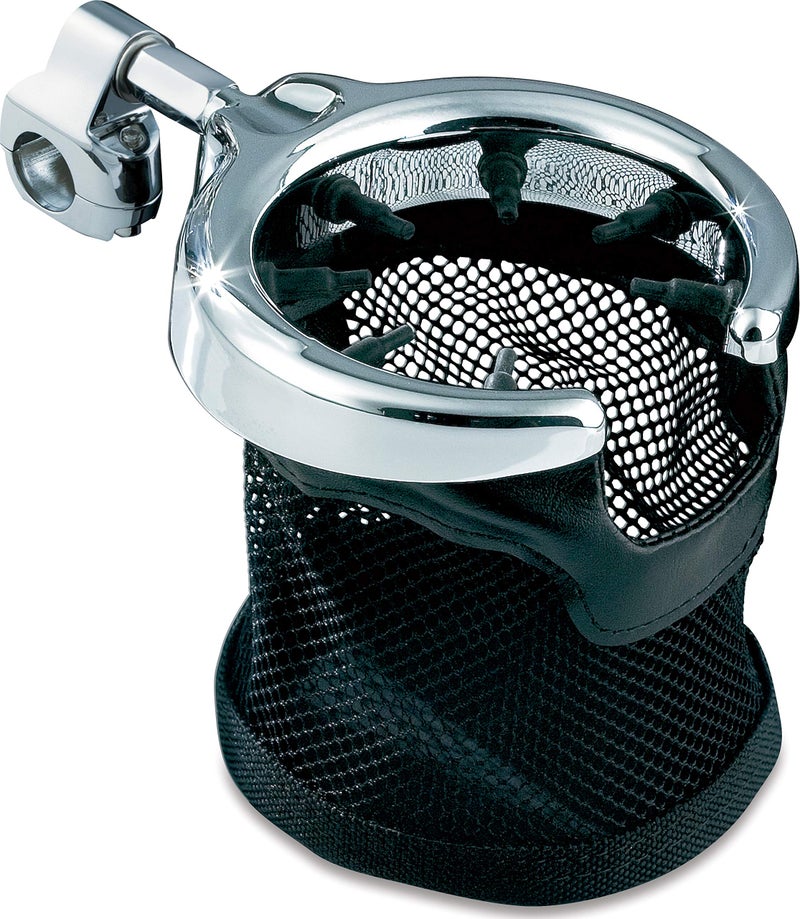 Kuryakyn 1484 Motorcycle Accessory Passenger DrinkCup Holder with Mesh Basket for HarleyDavidson Motorcycles with 12 Diameter Grab Rail Chrome