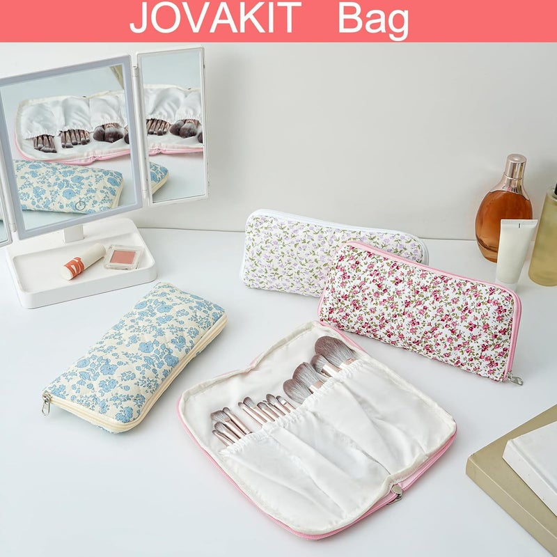 حقيبة مكياج مقواة من JOVAKIT للسفر، مخصصة للنساء، تحتوي على علبة فرشاشات مكياج من القطن بتصميم زهري أنيق، مزودة بسحاب للإغلاق، وتُعد أداة مثالية لتنظيم الأغراض الشخصية أثناء السفر. لونها بنفسجي زهري. - Image 5