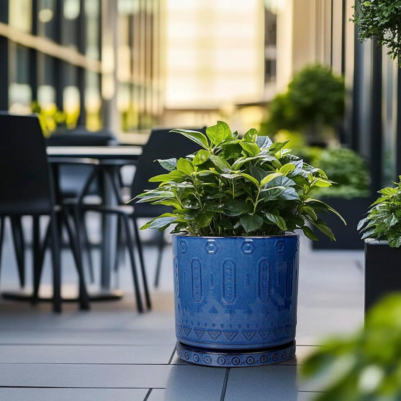 Eightpot 12 Inch Pot for Plants - Ceramic Planter for Indoor Plants Large Plant Pot with Drainage Holes and Saucer Outdoor Flower Pot Decorative Round Planter for Porch Office Decor Blue - Image 4