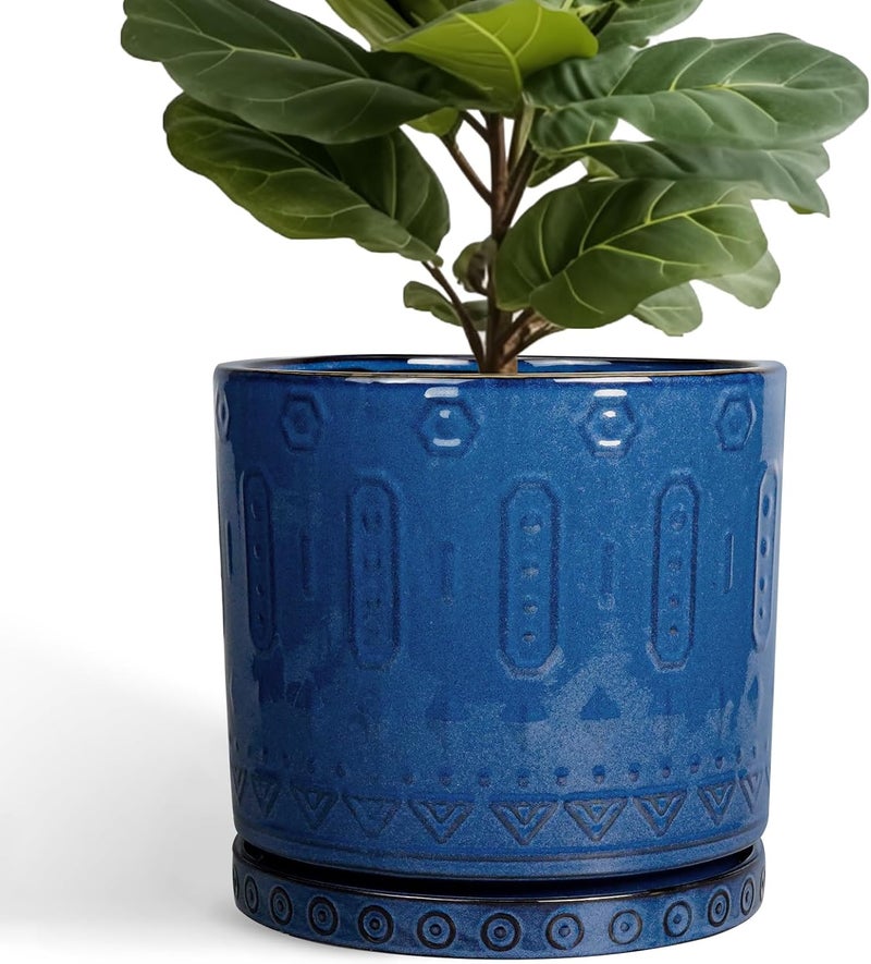 Eightpot 12 Inch Pot for Plants - Ceramic Planter for Indoor Plants Large Plant Pot with Drainage Holes and Saucer Outdoor Flower Pot Decorative Round Planter for Porch Office Decor Blue - Image 1