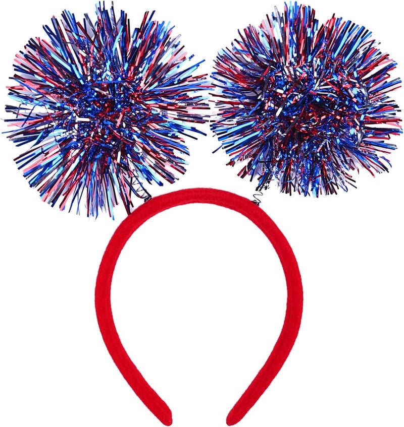 4th of July Head Boppers Independence Day Headband with Red White Blue Tinsel Sphere Design National Memorial Day Hair Hoop Patriotic Themed Party Headwear
