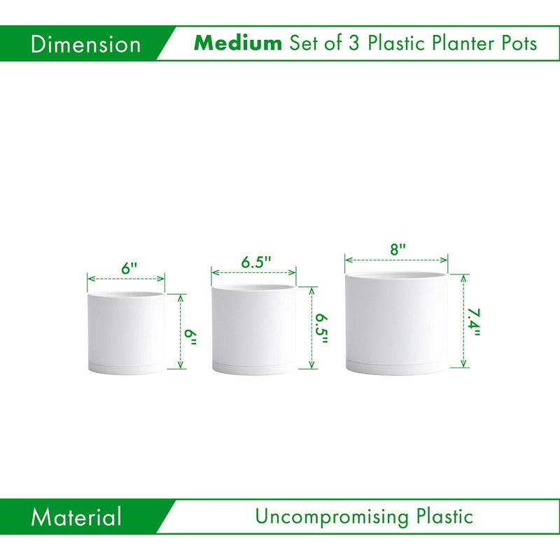 D'vine Dev 6 Inch 6.5 Inch 8 Inch, Set of 3 Plastic Planter Pots for Plants with Drainage Hole and Seamless Saucers, White Color, Medium, 74-V-A-3 - Image 2