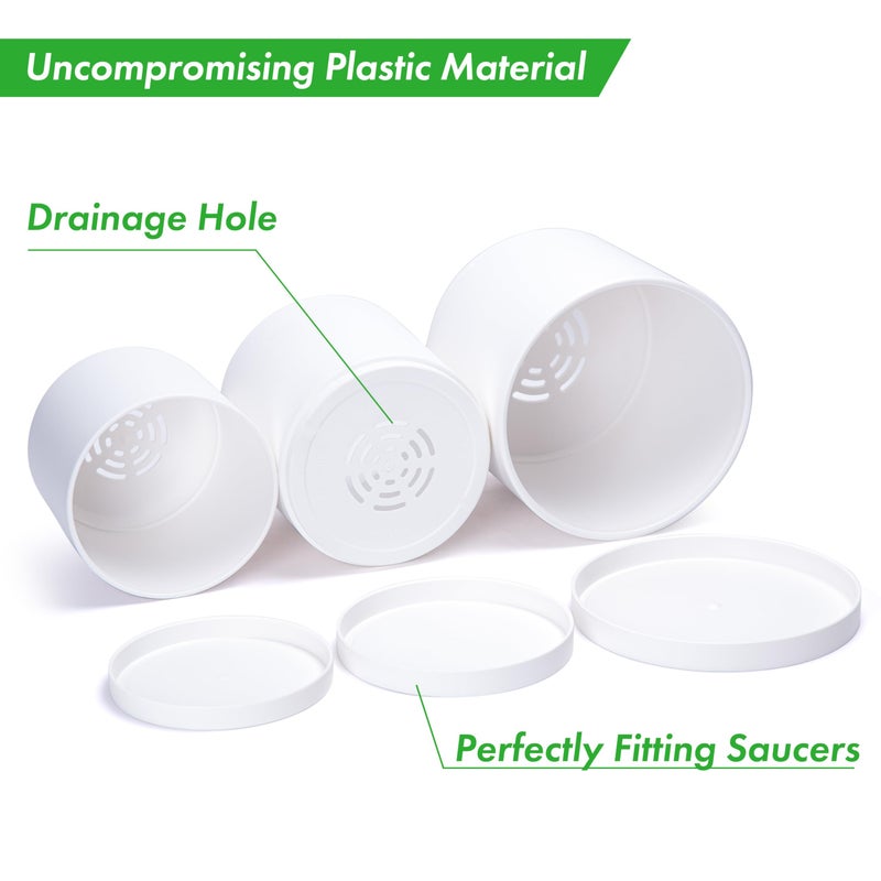 D'vine Dev 6 Inch 6.5 Inch 8 Inch, Set of 3 Plastic Planter Pots for Plants with Drainage Hole and Seamless Saucers, White Color, Medium, 74-V-A-3 - Image 4