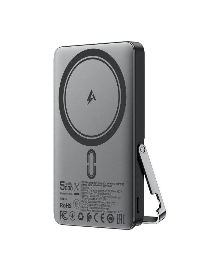 ACEFAST Power Bank 5000mAh Magnetic  Wireless Charge  Fast Charging PD18W, 1USB-C port, LED indicator, Foldable stand, (M16) - Black - Image 1
