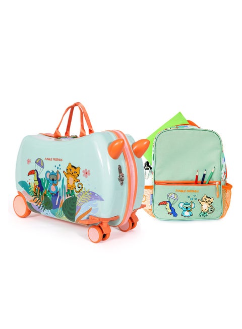 Kids Rideable Suitcase with Backpack Combo, 21L ABS Ride-on Luggage with Swivel Front Wheels, Foldable Footrest and Handles,Shoulder Pull Strap, School Bag with Multiple Compartments