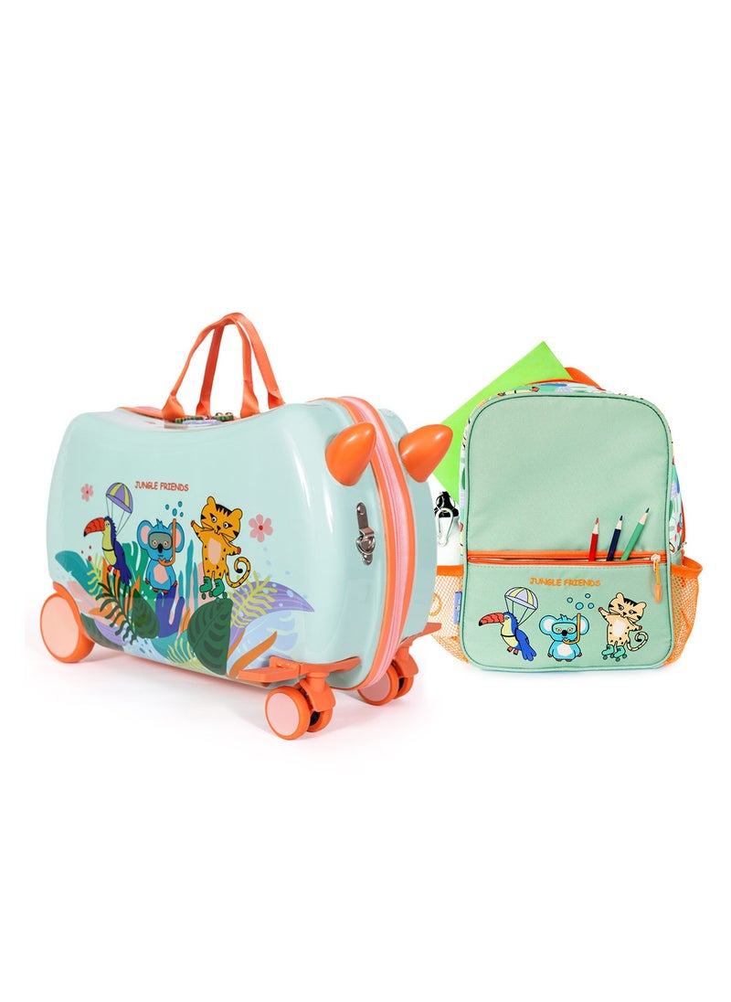 Milk & Moo Kids Rideable Suitcase with Backpack Combo, 21L ABS Ride-on Luggage with Swivel Front Wheels, Foldable Footrest and Handles,Shoulder Pull Strap, School Bag with Multiple Compartments  - Image 1
