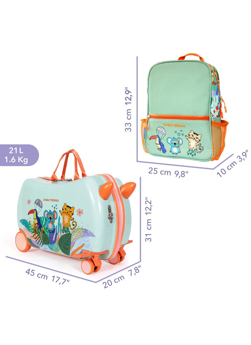 Milk & Moo Kids Rideable Suitcase with Backpack Combo, 21L ABS Ride-on Luggage with Swivel Front Wheels, Foldable Footrest and Handles,Shoulder Pull Strap, School Bag with Multiple Compartments  - Image 2