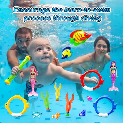 Jasonwell Pool Diving Toys Games 32PCS Swimming Mermaid Pool Toys with Dive Rings Gems Beach Ball Underwater Treasures Torpedo Bandits Fish Swim Toy etc Bath Water Toy Training Gifts for Kids Adult - Image 5