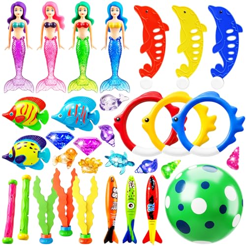 Jasonwell Pool Diving Toys Games 32PCS Swimming Mermaid Pool Toys with Dive Rings Gems Beach Ball Underwater Treasures Torpedo Bandits Fish Swim Toy etc Bath Water Toy Training Gifts for Kids Adult - Image 1