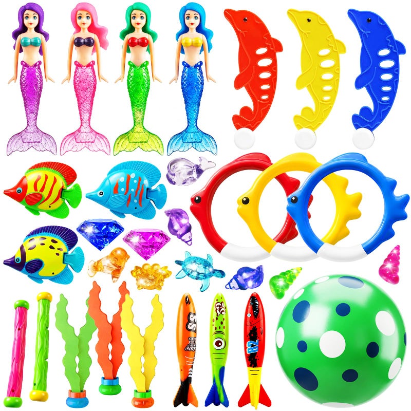 Jasonwell Pool Diving Toys Games 32PCS Swimming Mermaid Pool Toys with Dive Rings Gems Beach Ball Underwater Treasures Torpedo Bandits Fish Swim Toy etc Bath Water Toy Training Gifts for Kids Adult - Image 3