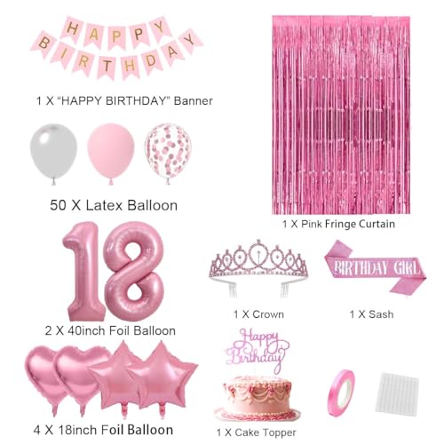 Cunnikku Sweet 18 Party Decorations for Girls Pink and Silver 18th Birthday Decorations Happy Birthday Banner Fringe Curtain Cake Topper Balloons Sash and Tiara Pink 18 Birthday Party Supplies for Girls - Image 5