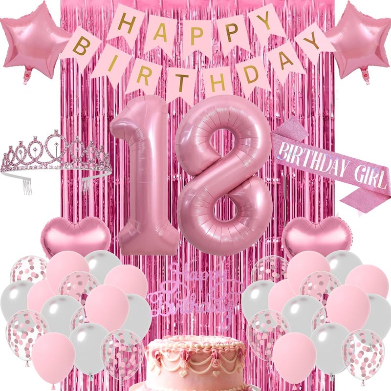 Cunnikku Sweet 18 Party Decorations for Girls Pink and Silver 18th Birthday Decorations Happy Birthday Banner Fringe Curtain Cake Topper Balloons Sash and Tiara Pink 18 Birthday Party Supplies for Girls - Image 3
