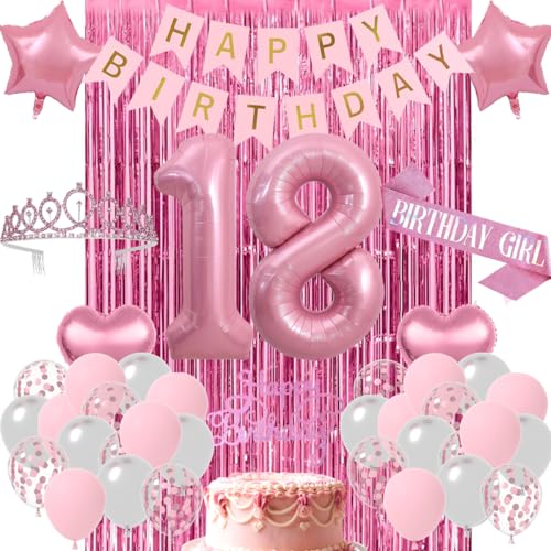 Cunnikku Sweet 18 Party Decorations for Girls Pink and Silver 18th Birthday Decorations Happy Birthday Banner Fringe Curtain Cake Topper Balloons Sash and Tiara Pink 18 Birthday Party Supplies for Girls - Image 1
