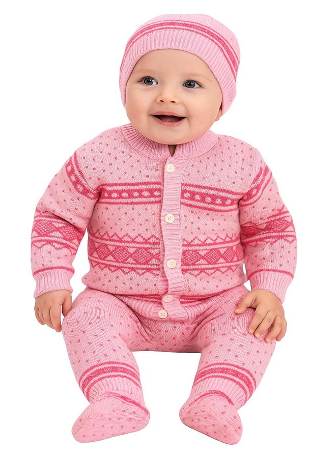Zuvim Premium Baby Sweater Set for Winter | Woolen Long Sleeves Sweater, Full Pant, Cap & Socks Pair | Warm Knitted Wool Set for Baby Boys & Girls (Pink, 6-9 months) - Image 1