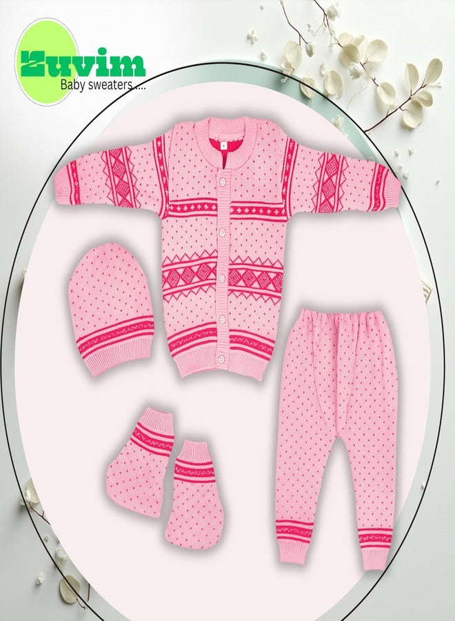 Zuvim Premium Baby Sweater Set for Winter | Woolen Long Sleeves Sweater, Full Pant, Cap & Socks Pair | Warm Knitted Wool Set for Baby Boys & Girls (Pink, 6-9 months) - Image 2