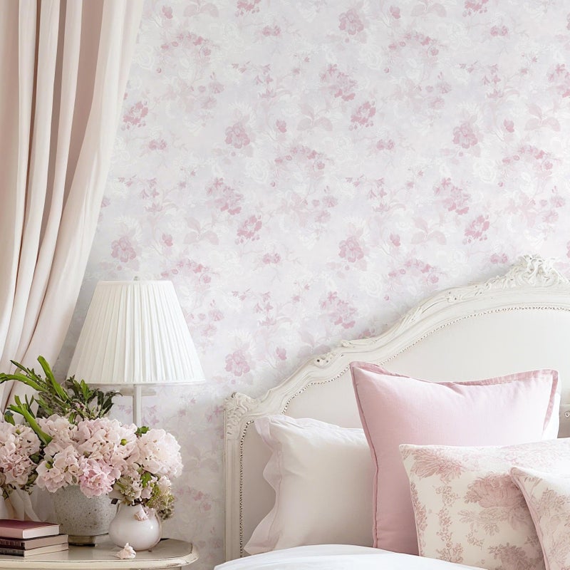Dimoon 78.7"x17.3" Pink Wallpaper Floral Contact Paper Peel and Stick Wallpaper White Vintage French Country Renter Friendly Bathroom Boho Flower Removable Wall Paper Kitchen Self Adhesive Vinyl Roll - Image 1
