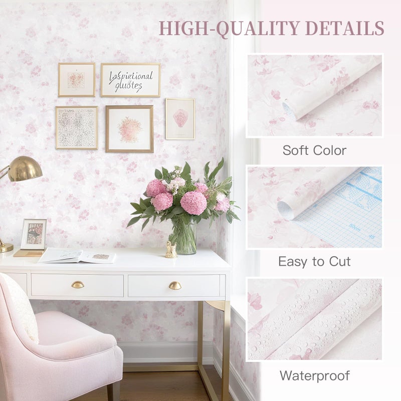 Dimoon 78.7"x17.3" Pink Wallpaper Floral Contact Paper Peel and Stick Wallpaper White Vintage French Country Renter Friendly Bathroom Boho Flower Removable Wall Paper Kitchen Self Adhesive Vinyl Roll - Image 3