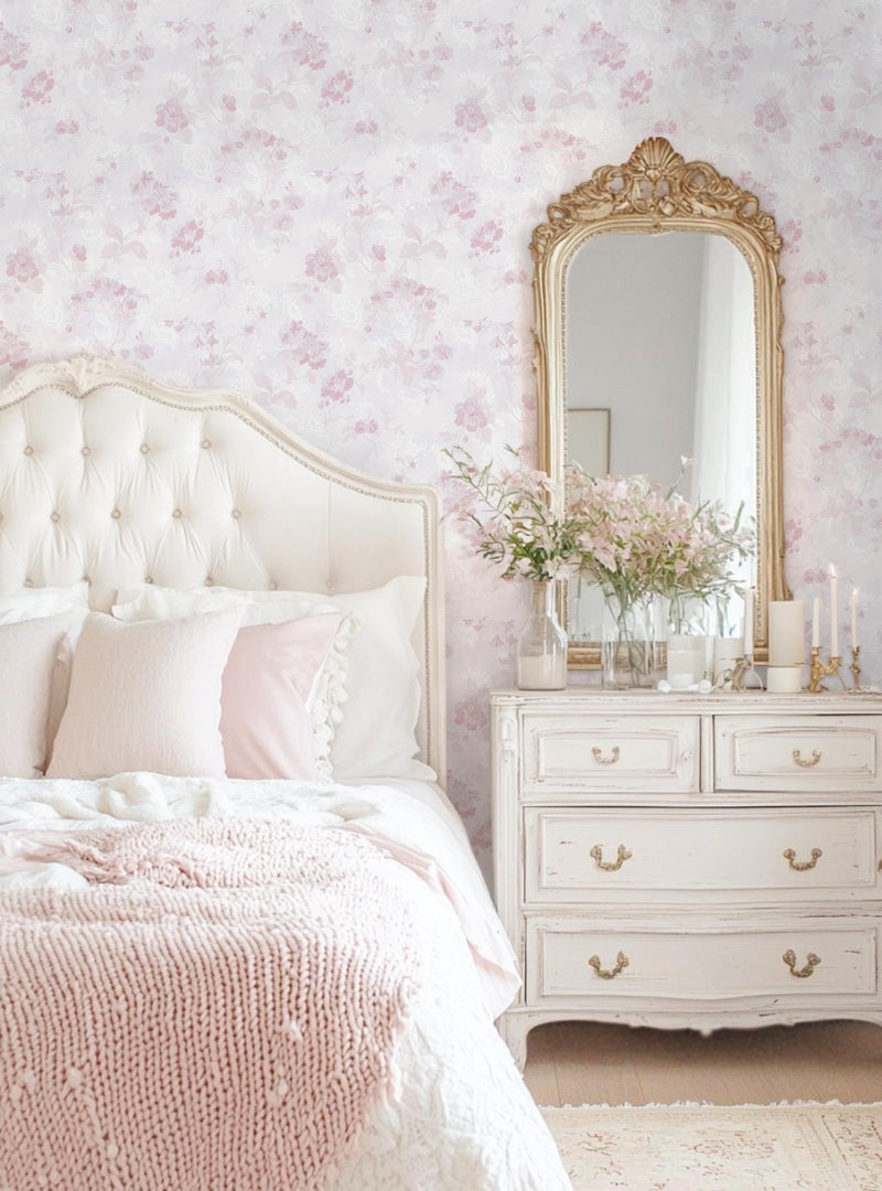 Dimoon 78.7"x17.3" Pink Wallpaper Floral Contact Paper Peel and Stick Wallpaper White Vintage French Country Renter Friendly Bathroom Boho Flower Removable Wall Paper Kitchen Self Adhesive Vinyl Roll - Image 2