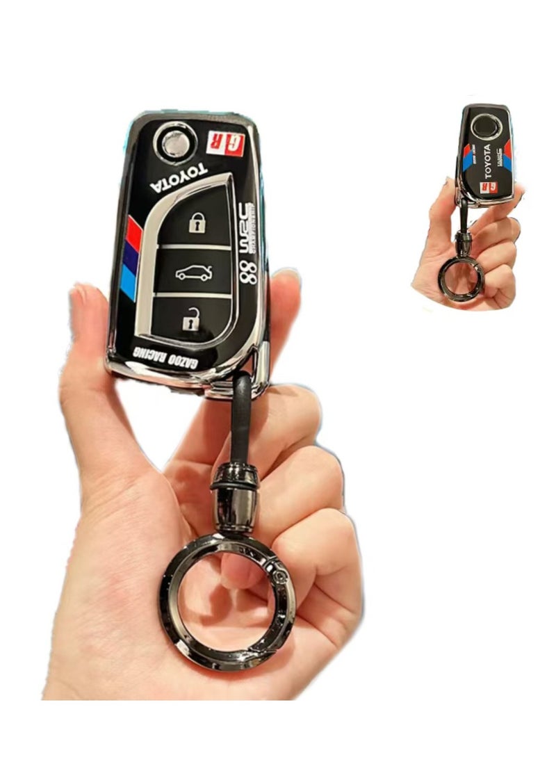 OUYoo OUYoo TPU Case Key Fob Cover For Toyota C-HR Camry Corolla Fortuner Highlander Levin RAV4 LE Sequoia Sienna Tacoma Tundra Yaris Car Key Shells，With a key chain（black）  - Image 1