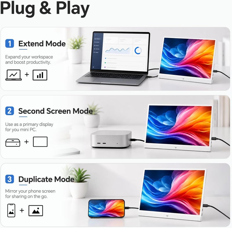 KTC Portable Monitor 15.6 Inch, 1080P FHD USB-C HDMI Laptop Screen for Laptop Phone Mac PS5 Xbox Switch, IPS HDR Travel Second Screen Monitor Extender with Speakers, White, H15F8 - Image 4