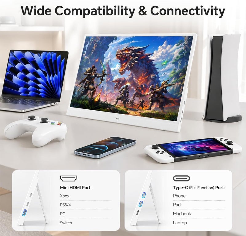 KTC Portable Monitor 15.6 Inch, 1080P FHD USB-C HDMI Laptop Screen for Laptop Phone Mac PS5 Xbox Switch, IPS HDR Travel Second Screen Monitor Extender with Speakers, White, H15F8 - Image 2