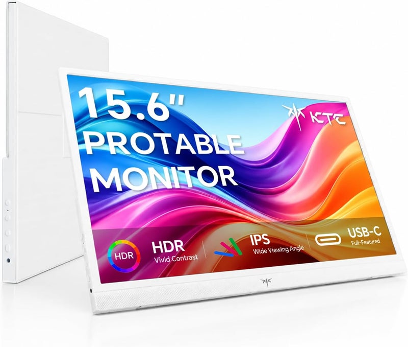 KTC Portable Monitor 15.6 Inch, 1080P FHD USB-C HDMI Laptop Screen for Laptop Phone Mac PS5 Xbox Switch, IPS HDR Travel Second Screen Monitor Extender with Speakers, White, H15F8 - Image 1