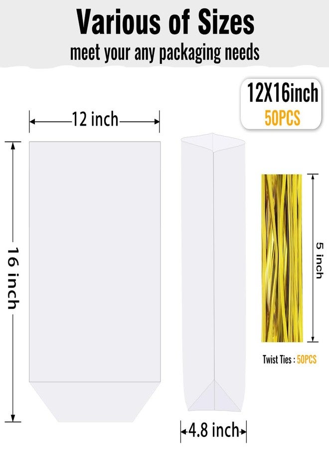 ZIMCEMS 50Pcs 12X16 inch Bottom Gusset Bags Clear Cellophane Gift Wrap Wrapping Plastic Large Cello Bags for Party Favors Treats Mug with 5" Twist Ties - Image 2
