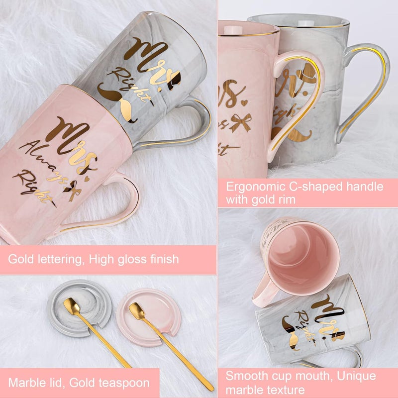 ALBISS Wedding Gifts Set For Couple, Mr And Mrs Always Right Coffee Mugs Set，14oz Ceramic Marble Cups With Lid, Spoons, Card, Gift Box，Christmas Gifts For Bride And Groom, Married Couples Anniversary - Image 5