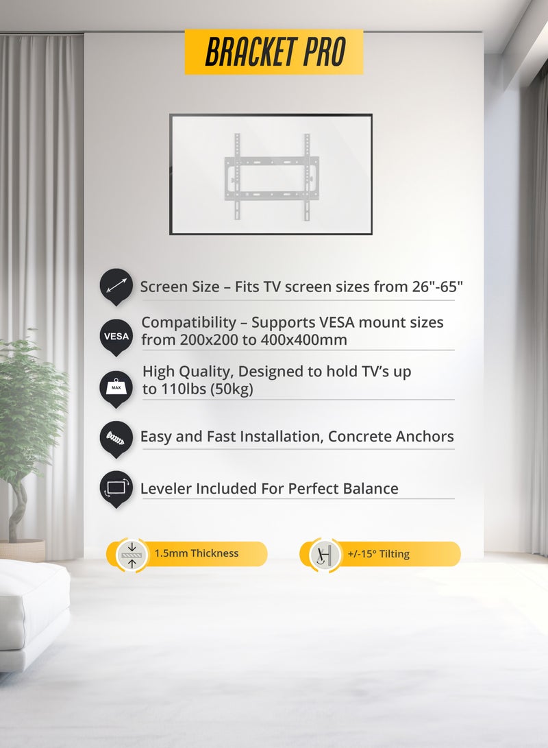 Bracket Pro Tilting TV Wall Mount for 26-65 Inch Screens – Adjustable Tilt for Anti-Glare Viewing – Heavy-Duty Steel, Holds up to 50kg – VESA 200x200 to 400x400 – Easy Installation - BPT2665