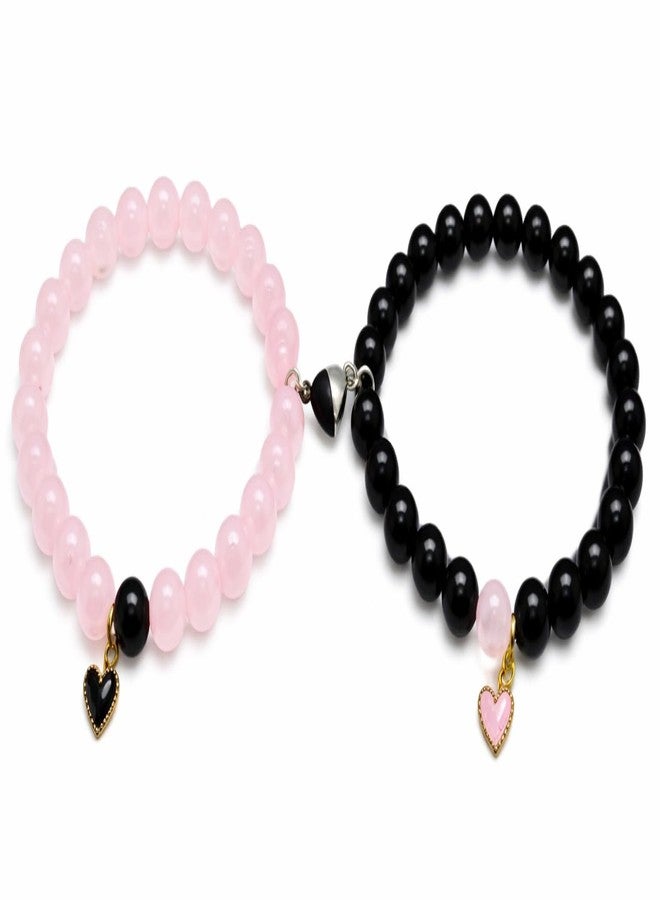 SUPER SOFTENER Magnetic Bracelets 2Pcs Love Heart Matching Pink and Black Hearts Beads Bracelet Set Adjustable Bracelets for Men Women Couples Friends Gift Friendship - (Pack of 2) - Image 1