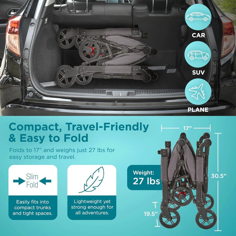 Contours Curve 360 Lightweight Double Baby Stroller Wagon for 2 Kids Fits Infant Car Seats Ultra Maneuverable Easy in and Out for Toddlers with Deep Footwell Storage Pockets and Adjustable Handle - Image 3