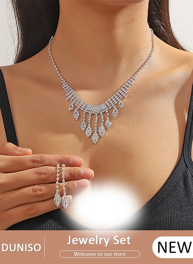 DUNISO 2pieces Jewelry Set With Necklace and Earring Crystal Bridal Wedding Jewelry Set Bridesmaid Party Choker Necklace Water Drop Pendant Earrings Sets for Women and Girls - Image 1