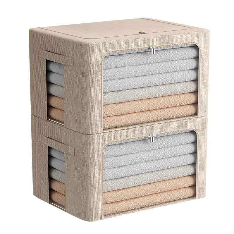 FHSQX 2 Pack Clear Window Storage Bins Foldable Fabric Storage Bins Boxes for Clothes Stackable Box Organizer Set with Carrying Handles (Beige, 22L,15.7x 11.8x 7.8 Inch) - Image 1