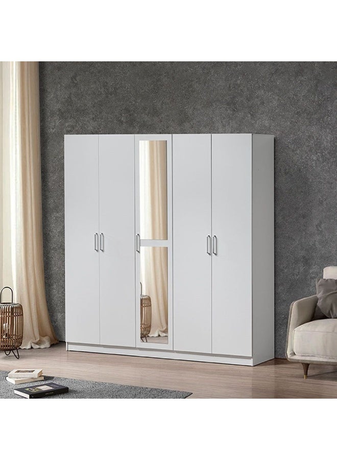 Supreme 5-Door Wardrobe With Mirror For Hanging Clothes Extra Sturdy Rack Storage Organiser Modern Design Space Saving Cabinets For Bedroom - White